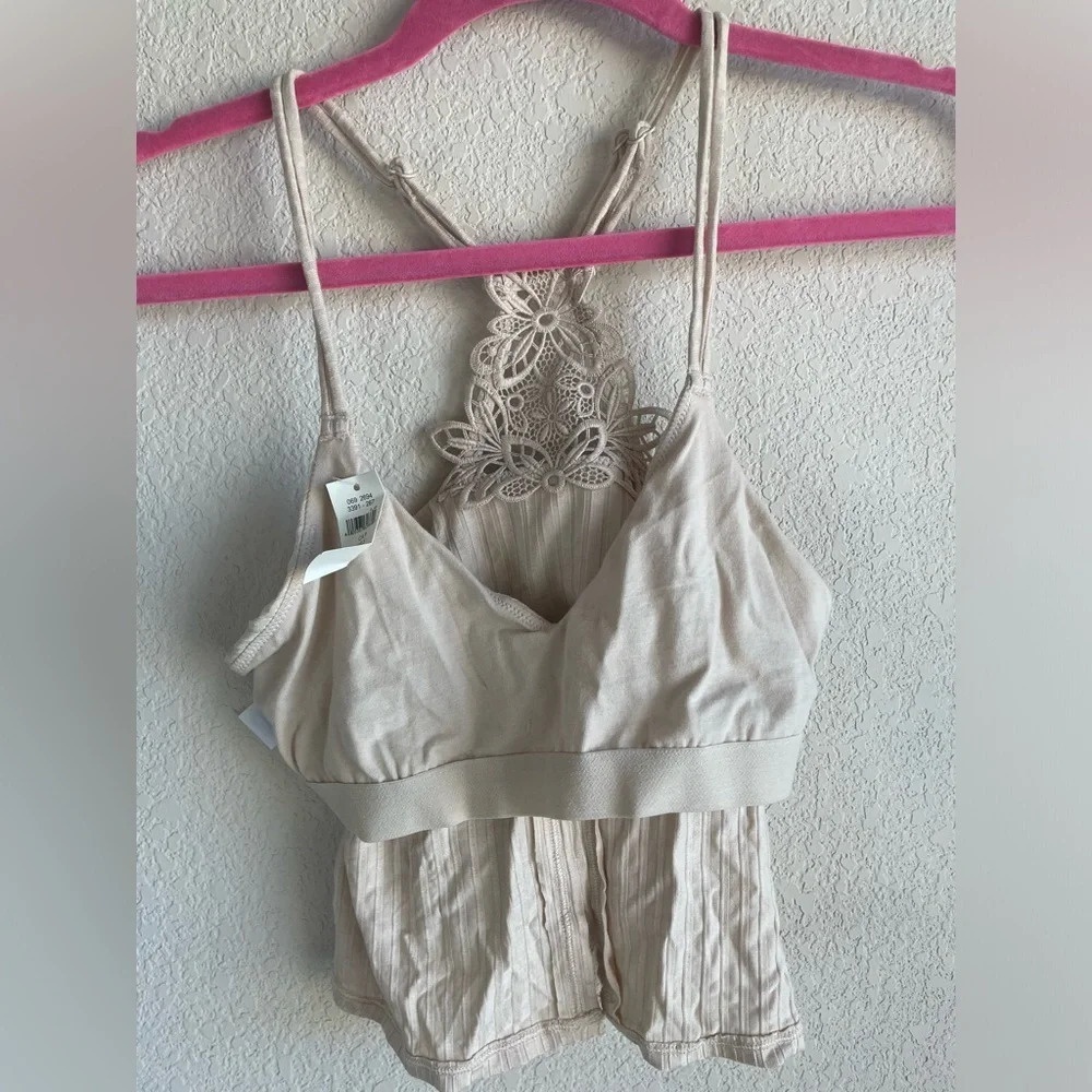 Aerie Ribbed Applique Lace Crop Tank Bralette- Light Tan‎ NWT - Picture 4 of 9